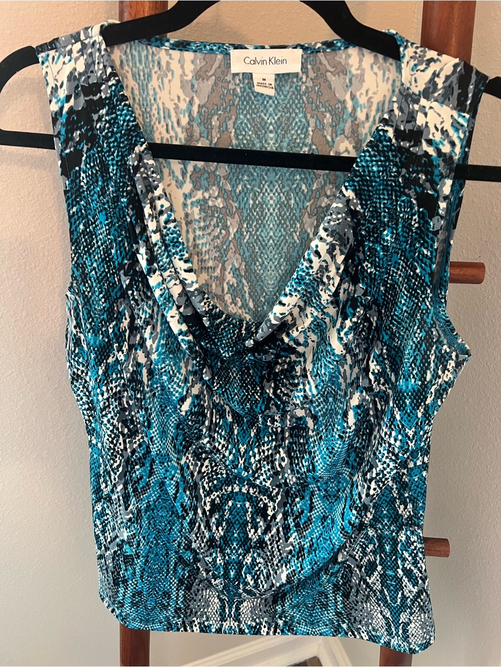 Calvin Klein Teal and Black Snake-Print Cowl Neck Camisole